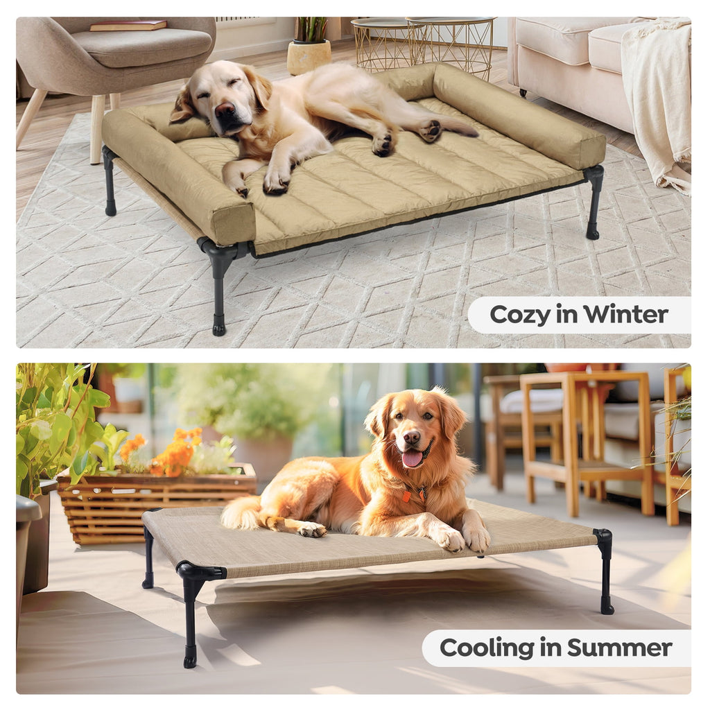 Cooling Elevated Dog Bed + Waterproof Removable Pillow-Top Mat, Dog Sofa, Large, Beige Coffee