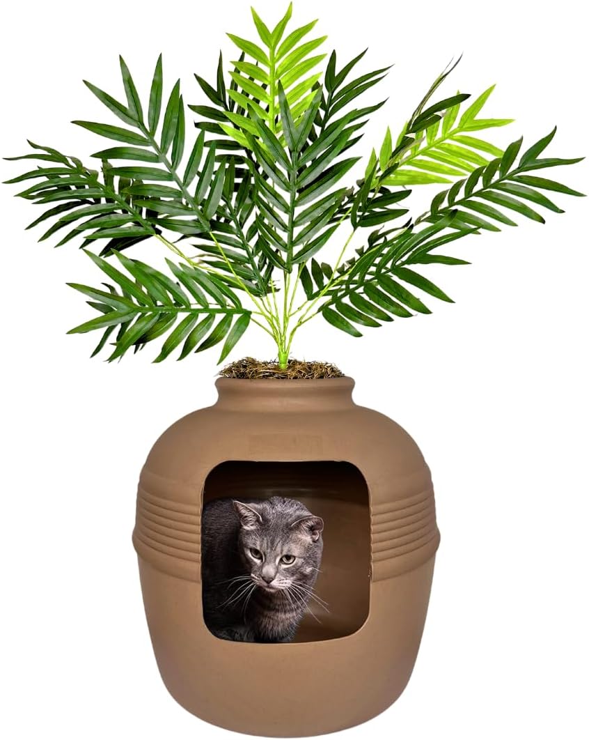 Original Hidden Litter Box Planter, Decorative Cat Litter Enclosure, Carbon Filter, Faux Plant, round Design, Easy to Clean, Base Kit, Palm Plant, Terracotta Brown