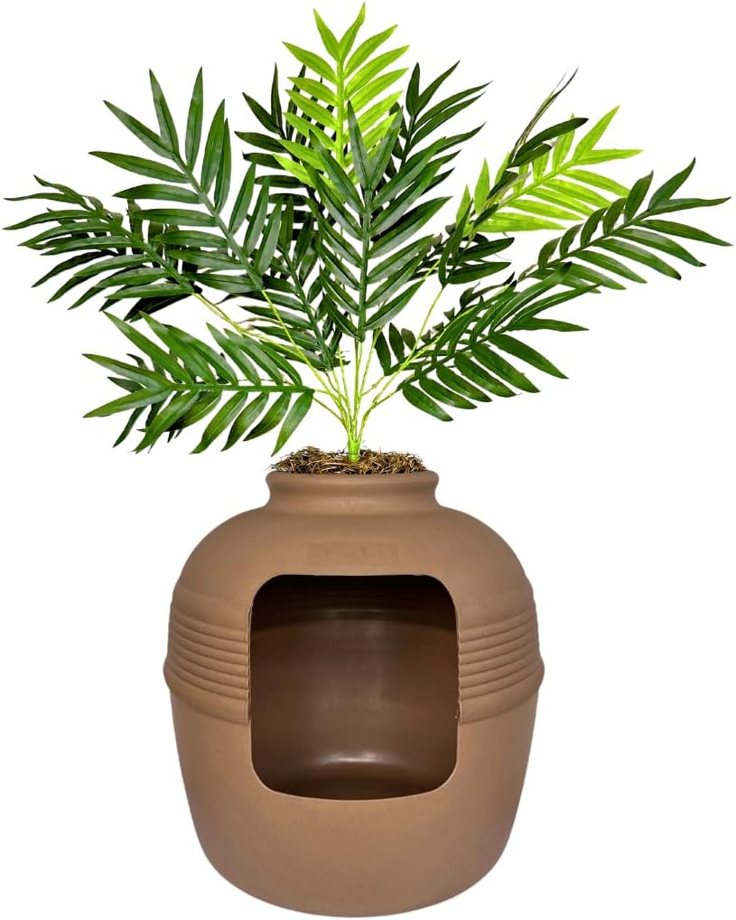 Original Hidden Litter Box Planter, Decorative Cat Litter Enclosure, Carbon Filter, Faux Plant, round Design, Easy to Clean, Base Kit, Palm Plant, Terracotta Brown