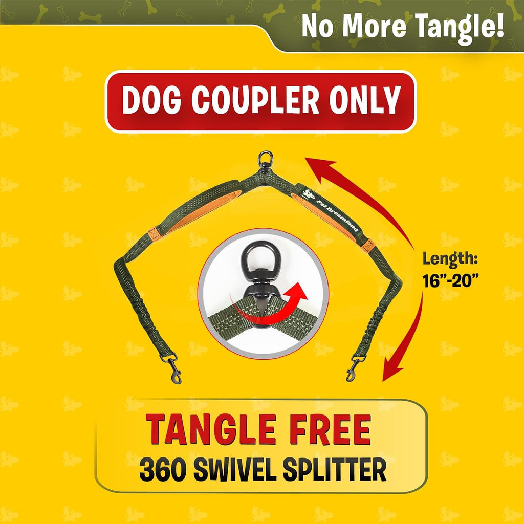 Exquisite Double Dog Leash Coupler with Tangle-Free Swivel. Premium & Versatile Attachment for Walking Two Dogs. You Will Absolutely Love This Amazing Dual Dog Coupler (Khaki & Orange)