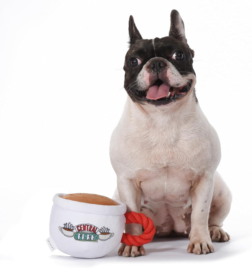 Friends the TV Show Central Perk Coffee Mug Plush Dog Toy with Rope Handle| Soft Cute Squeaky Toy for All Dogs | Stuffed Dog Toys with Squeaker Noise for Added Fun, Friends Memorabilia