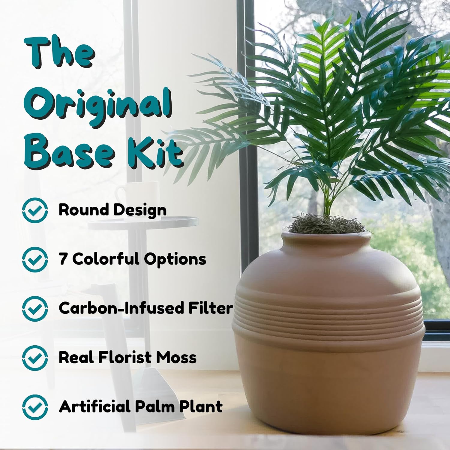Original Hidden Litter Box Planter, Decorative Cat Litter Enclosure, Carbon Filter, Faux Plant, round Design, Easy to Clean, Base Kit, Palm Plant, Terracotta Brown