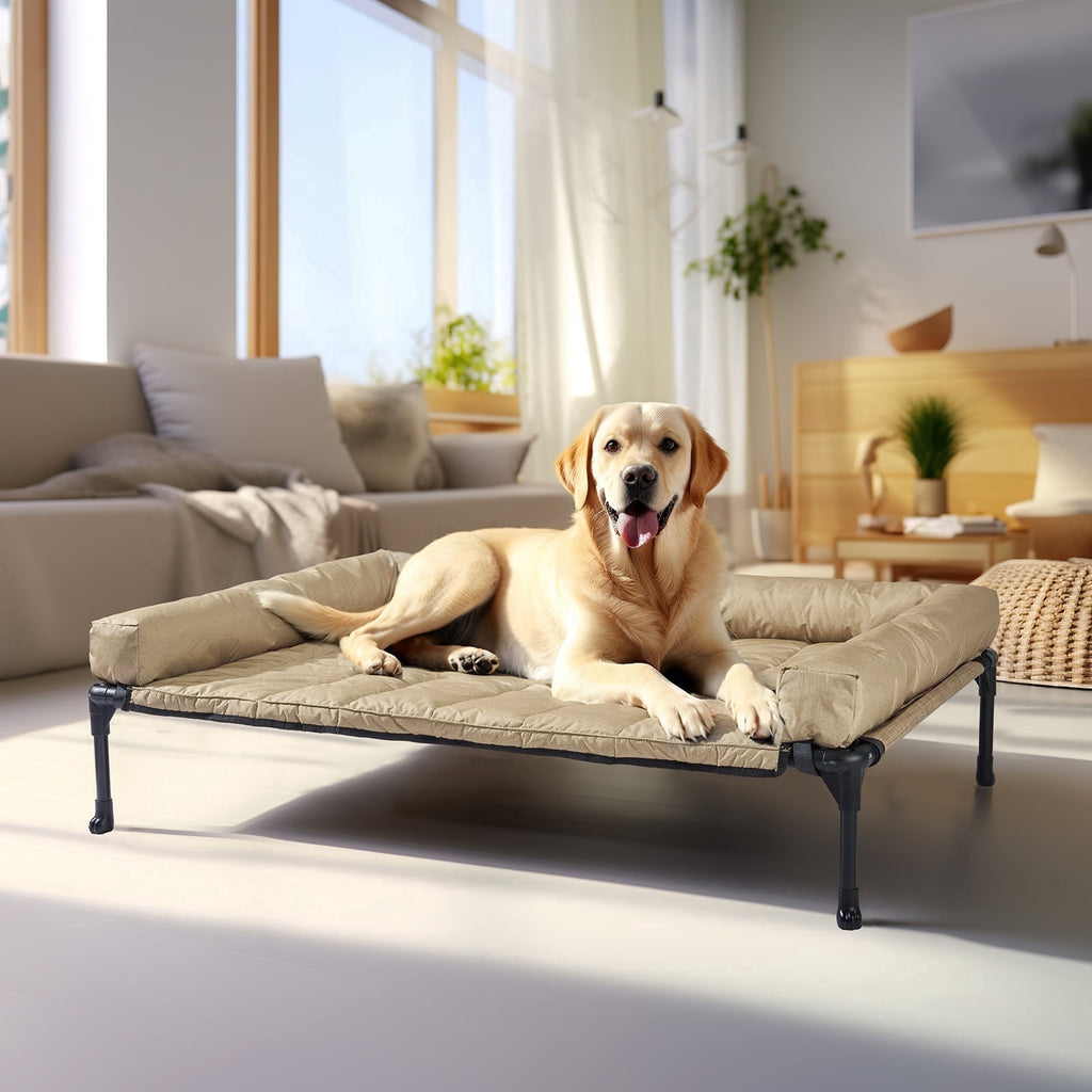 Cooling Elevated Dog Bed + Waterproof Removable Pillow-Top Mat, Dog Sofa, Large, Beige Coffee